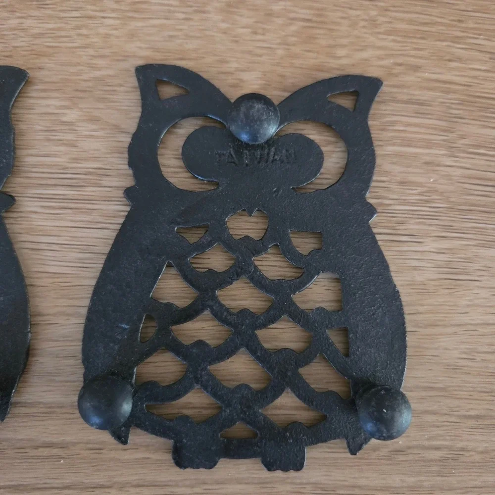 Vintage Black Cast Iron Owl‎ Trivet Set of 2 Mid Century Modern Kitchen Decor